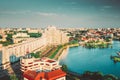 Minsk, Belarus. Elevated View Of Minsk Skyline In Sunny Summer Evening. Nemiga District In Sunset Time. Aerial View Of Royalty Free Stock Photo
