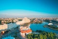 Minsk, Belarus. Elevated View Of Minsk Skyline In Sunny Summer Evening. Nemiga District In Sunset Time. Aerial View Of Royalty Free Stock Photo