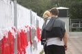 MINSK, BELARUS. Flag of Belarus made of ribbons on yard fence. White red white