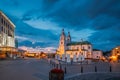 Minsk, Belarus. Illuminated Cathedral Of Holy Spirit In Minsk At Evening Or Night Street Lights. Famous Landmark. Main Royalty Free Stock Photo