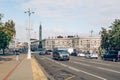 Minsk, Belarus. Independence Avenue, and Victory square, downtown of the city. Architecture, traffic, city life