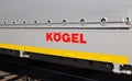 MINSK, BELARUS 17.10.2019: The inscription K GEL on the trailer of a truck, truck, brand