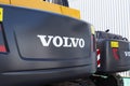 MINSK, BELARUS 17.10.2019: The inscription Volvo on the excavator, special equipment for career and construction work, transport