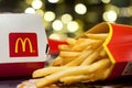 Minsk, Belarus, January 3, 2018: Big Mac Box with McDonald`s logo and French fries in McDonald`s Restaurant
