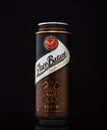MINSK, BELARUS - JANUARY 04, 2017: Can of Zlaty Bazant beer over black background. Zlaty Bazant a Slovak beer brand Royalty Free Stock Photo