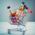 Minsk, Belarus - January 16, 2018: Illustrative editorial photo of mini shopping cart full of small alcohol bottles.