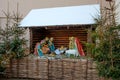 Minsk, Belarus - January 07, 2023: Nativity scene near the walls of the Archcathedral Cathedral of the Name of the Most