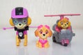 Minsk, Belarus - January 9, 2022: Paw patrol team. Different miniatures of hero Skye with pink helicopter