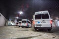 MINSK, BELARUS - JANUARY 2020: rows of new white minibuses and vans on parking