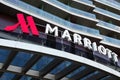 Minsk, Belarus - July, 2019. - Angular close-up of Marriott hotel logo above entrance to hotel