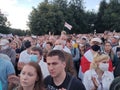 Minsk / Belarus - July 30 2020: People in face masks rally for president candidate Tikhanovskaya