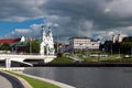 Minsk, Belarus - July 14, 2017: A view of the Holy Spirit Cathedral, Svislach river and Troitskoye Predmestye, or Trinity Suburb,