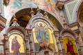 Minsk, Belarus - June, 2019. Close-up of icon of Jesus Christ and other saints inside the All-hallows Church