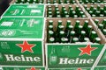MINSK, BELARUS - June 17, 2019: Glass beer bottles Heineken in a boxes. The Heineken Lager Beer is a Dutch blonde beer.