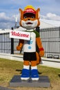 Minsk, Belarus, June 9, 2019. The growth figure of a red fox - the official mascot of the 2nd European Games - Fox Lesik stands