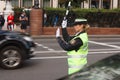 Lady police woman traffic control officer working on the road