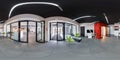 MINSK, BELARUS - JUNE 2017: panorama 360 angle view in interior guestroom hall modern ceramic tile shop. Full spherical 360