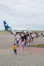 Minsk, Belarus - June 5, 2021: People board a Belarusian plane Royalty Free Stock Photo