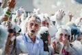 MINSK. BELARUS - June 2016: Portraits of happy people in foam at a party. foam entertaining party, people cheerfully Royalty Free Stock Photo