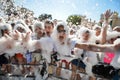 MINSK. BELARUS - June 2016: Portraits of happy people in foam at a party. foam entertaining party, people cheerfully Royalty Free Stock Photo