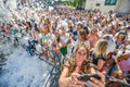 MINSK. BELARUS - June 2016: Portraits of happy people in foam at a party. foam entertaining party, people cheerfully Royalty Free Stock Photo