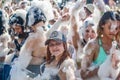 MINSK. BELARUS - June 2016: Portraits of happy people in foam at a party. foam entertaining party, people cheerfully Royalty Free Stock Photo