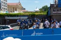 MINSK, BELARUS - JUNE 25, 2019: Security bikers waiting for racers in Men Split Start Individual Race at the 2nd European Games
