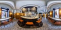 MINSK, BELARUS - MARCH, 2019: Full spherical seamless hdri panorama 360 degrees angle view inside interior of shop restaurant with Royalty Free Stock Photo