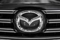 Minsk, Belarus May 2018 brand mazda emblem logo sign on auto during autoexhibition on mazda 6 Royalty Free Stock Photo