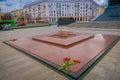 MINSK, BELARUS - MAY 01, 2018: Close up of the base and eternal flame in monument in honor of victory of Soviet army