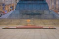 MINSK, BELARUS - MAY 01, 2018: Close up of the base and eternal flame in monument in honor of victory of Soviet army