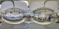 MINSK, BELARUS - MAY 2020: Full seamless hdri panorama 360 near rows of large offset printing press of polymerr label conveyor Royalty Free Stock Photo