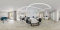 MINSK, BELARUS - May 2022 : full spherical hdri 360 panorama in interior of empty office with panoramic windows in Royalty Free Stock Photo