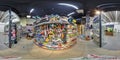 MINSK, BELARUS - MAY, 2021: Full spherical seamless hdr panorama 360 degrees angle view inside interior of zoo pet store with feed Royalty Free Stock Photo