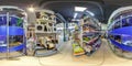 MINSK, BELARUS - MAY, 2021: Full spherical seamless hdr panorama 360 degrees angle view inside interior of zoo pet store with feed Royalty Free Stock Photo