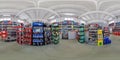 MINSK, BELARUS - MAY, 2021: Full spherical seamless hdr 360 panorama inside interior of auto store with machine oils and fuels