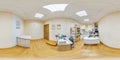 MINSK, BELARUS - MAY, 2022: Full spherical seamless hdr 360 panorama inside interior of zoo pet store with feed, medicines goods Royalty Free Stock Photo
