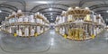 Minsk, Belarus - may, 2020: Full spherical seamless hdri panorama 360 degrees in interior of large goods warehouse with shelves of