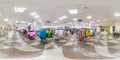 MINSK, BELARUS - MAY 2018: Full spherical seamless panorama 360 degrees in interior of shop with shelves fabrics in elite textiles