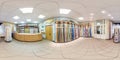 MINSK, BELARUS - MAY 2018: Full spherical seamless panorama 360 degrees in interior of shop with shelves fabrics in elite textiles