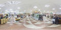 MINSK, BELARUS - MAY 2018: Full spherical seamless panorama 360 degrees in interior of shop with shelves fabrics in elite textiles