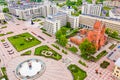 Independence square surrounded by House of Government and Catholic church, Minsk. Aerial cityscape