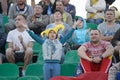 MINSK, BELARUS - MAY 23, 2018: Little fan having fun during the Belarusian Premier League football match between FC Dynamo Minsk a