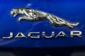 Minsk, Belarus May 2018 brand jaguar emblem logo sign on auto during autoexhibition on jaguar f-pace Royalty Free Stock Photo