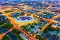 Main area lit with illumination at night. Minsk stadium aerial view