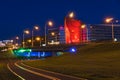 Modern office building shaped as a red crystal, Minsk, Belarus