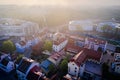 Minsk, Belarus - May 16, 2021 - Nice view of the central part of the city. Nemiga street from a height during heavy fog