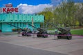 MINSK, BELARUS - MAY 01, 2018: Outdoor view of exhibition of military equipment since World War II near the memorial