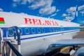 MINSK, BELARUS - MAY 01 2018: Outdoor view of Tupolev Tu-154 EW-85741 Belavia Airlines preparing before flight at the Royalty Free Stock Photo