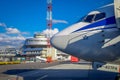 MINSK, BELARUS - MAY 01 2018: Outdoor view of unidentiifed people boarding the tupolev Tu-154 EW-85741 Belavia Airlines Royalty Free Stock Photo